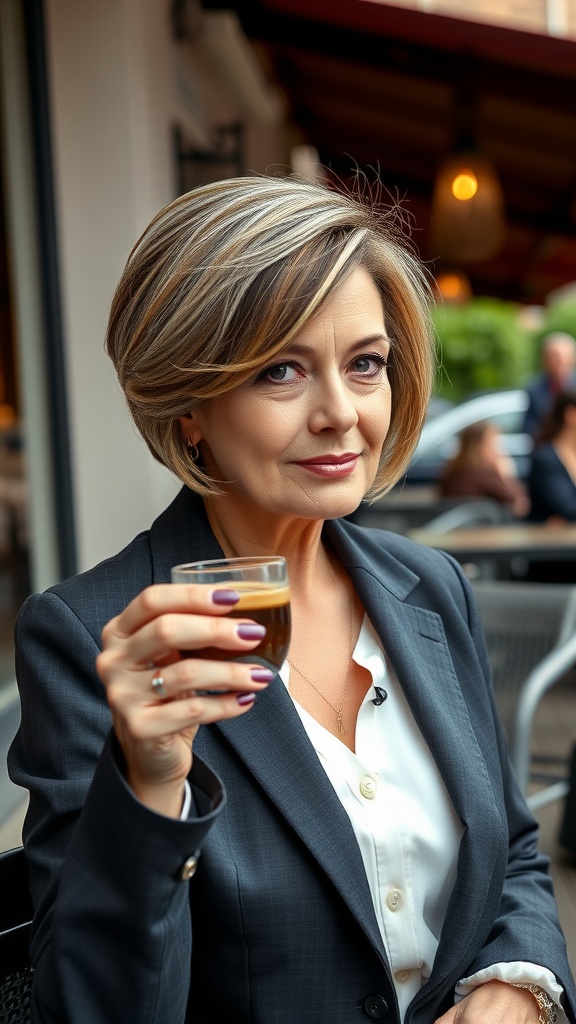 A woman with a short layered bob hairstyle, sipping a drink, looking confident and stylish.