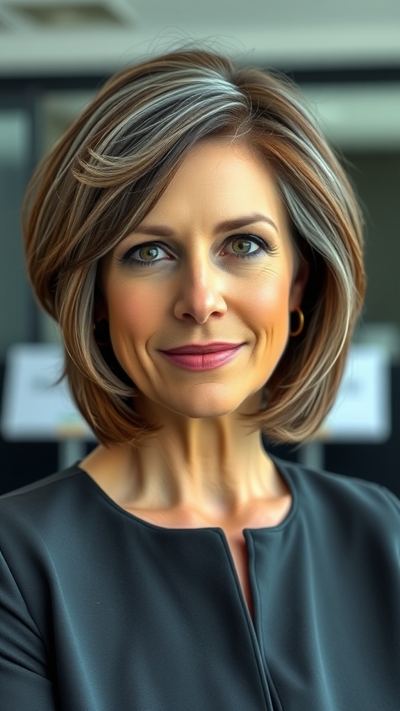 A woman with a short layered bob haircut, featuring soft waves and subtle highlights, looking stylish and sophisticated.