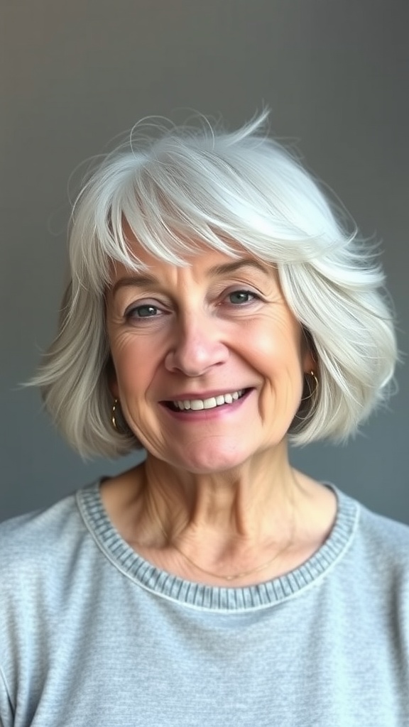 A smiling elderly woman with short layered flip hairstyle, showcasing soft waves and a light hair color.