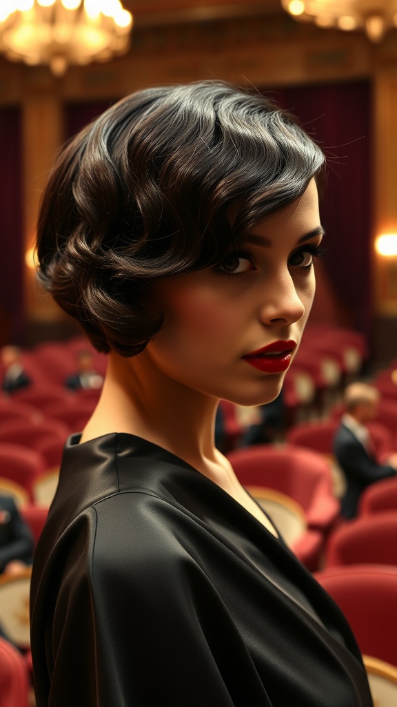 A woman with short Marcel waves hairstyle, wearing a black outfit and red lipstick, in a vintage theater setting