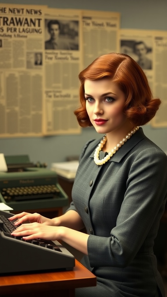 Woman with short pageboy hairstyle styled with soft waves, wearing a vintage outfit and pearls, in an office setting