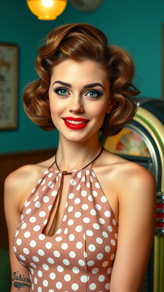 A woman with short pin-up curls, wearing a polka dot dress, with bright red lipstick, set against a vintage diner backdrop.