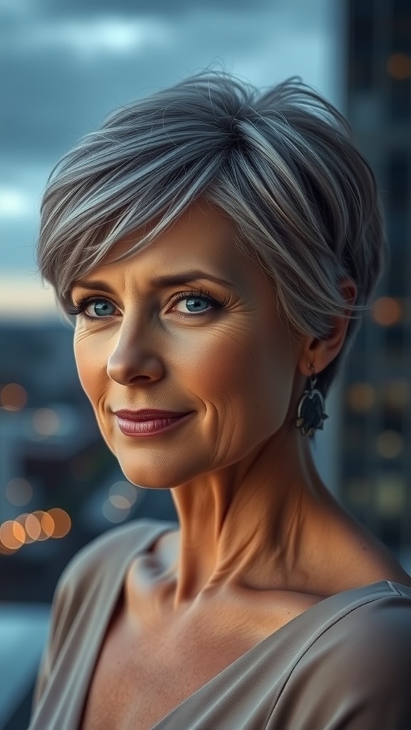 A woman with a short pixie haircut styled in soft waves, looking confidently at the camera.