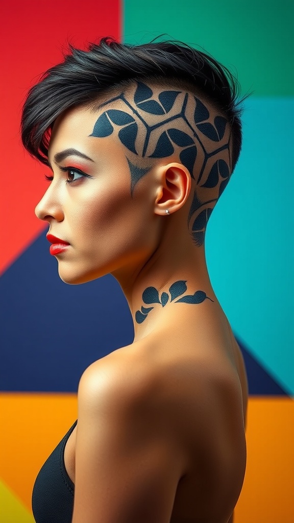 A woman with a stylish short pixie haircut featuring an intricate undercut design, standing against a colorful background.