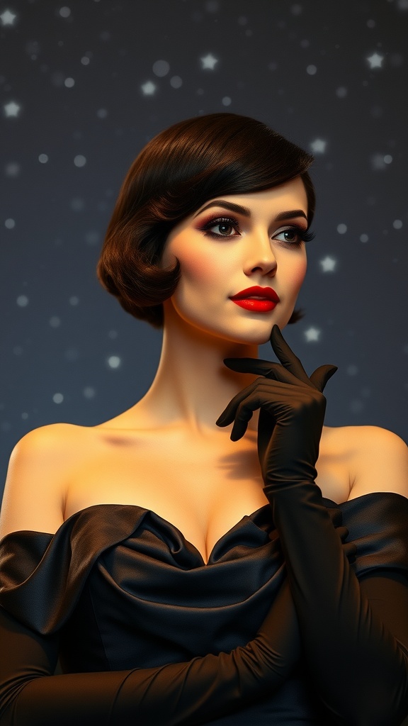 A woman with a vintage short pixie hairstyle featuring side waves, dressed elegantly in a black off-shoulder gown.