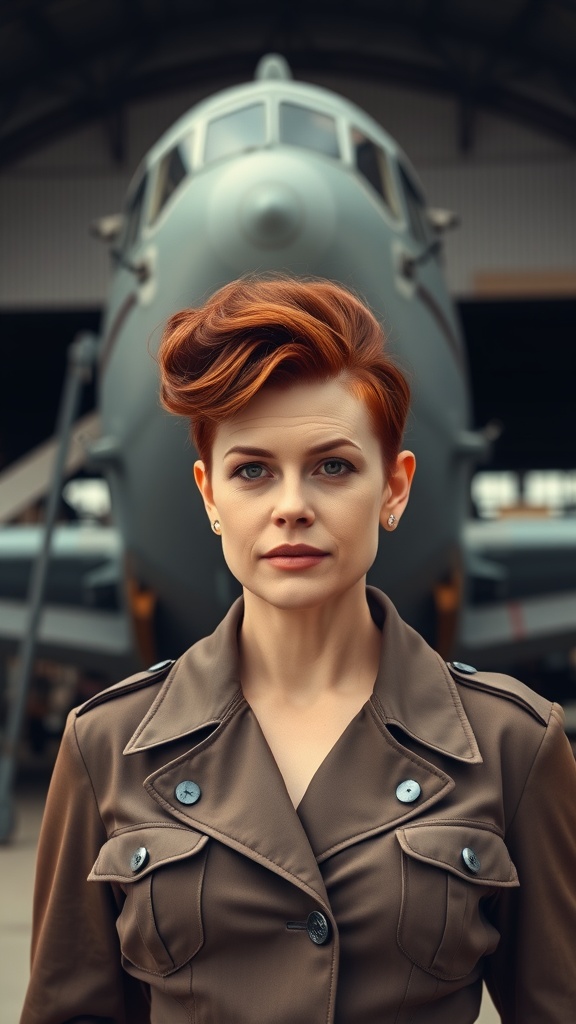 A woman with a short sculpted pompadour hairstyle stands in front of an aircraft, showcasing her vibrant red hair and chic outfit.