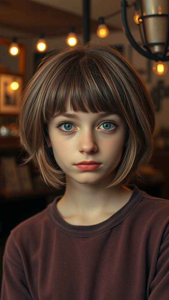 Teen girl with a short shag cut and choppy bangs, showcasing a stylish and casual look.