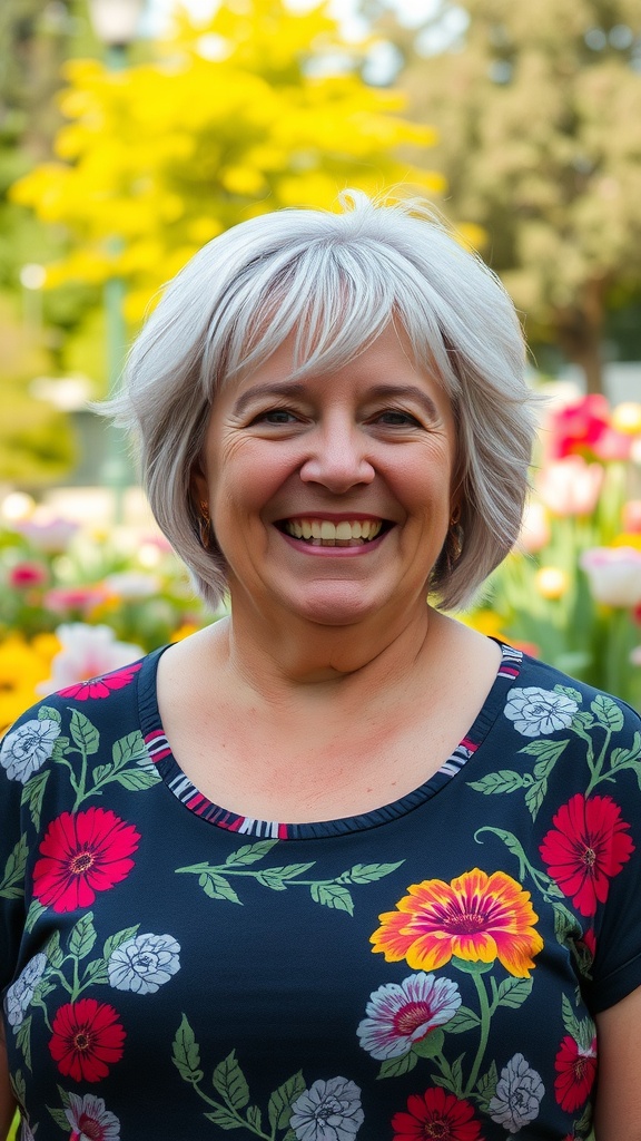 A smiling woman with short shag hair and bangs, wearing a floral top in a vibrant garden.