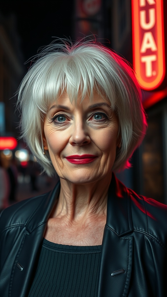 A woman over 60 with a short shag hairstyle and bold bangs, wearing a leather jacket, with a confident expression.