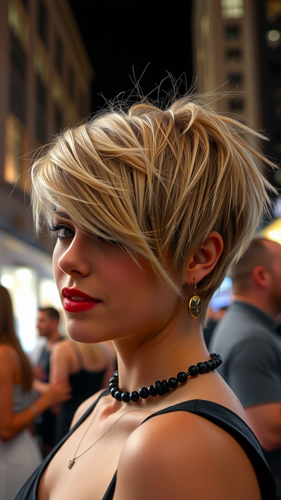 A woman with a chic short shag hairstyle and chunky highlights, showcasing a playful and stylish look.