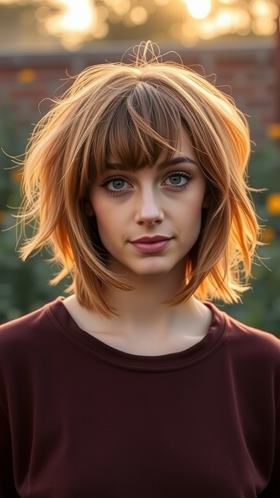 A woman with a short shag haircut featuring curtain bangs and layered hair, illuminated by soft natural light.