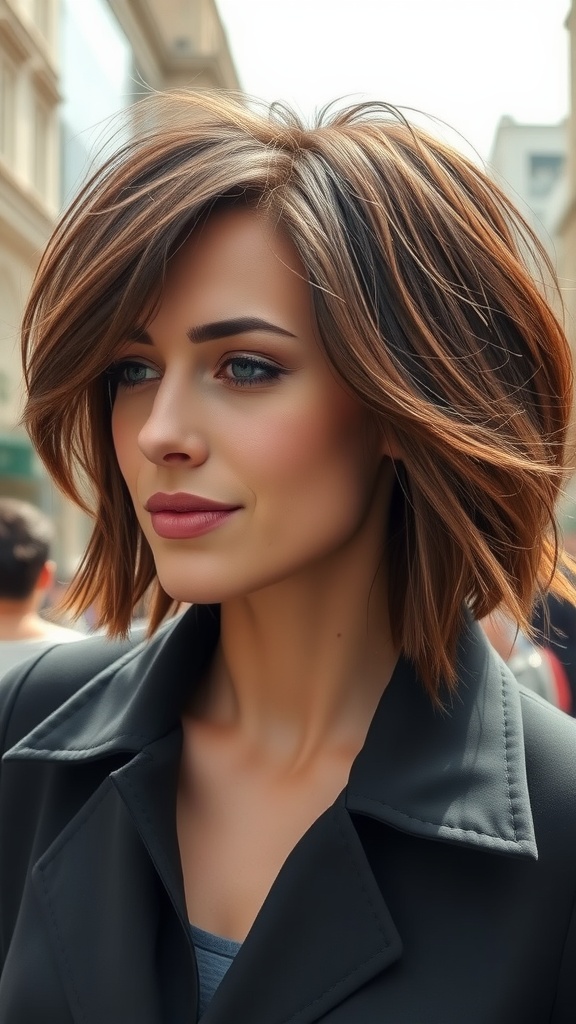 A woman with a short shag hairstyle featuring feathered ends, showcasing a stylish and modern look.