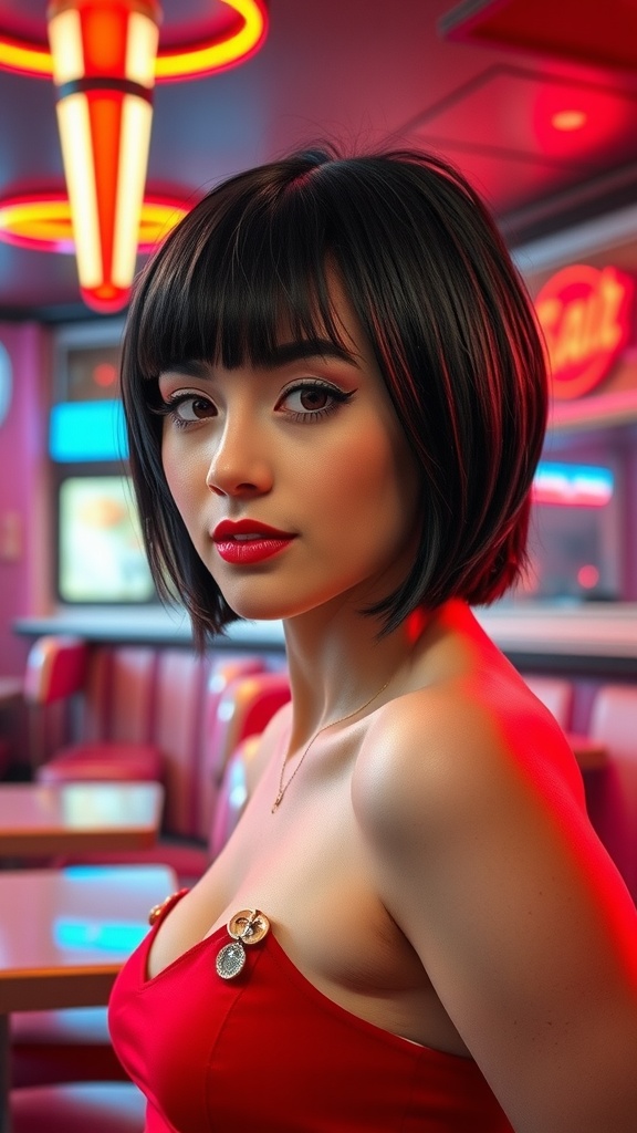 A woman with a short shag haircut featuring flicked-out layers, set in a colorful diner.