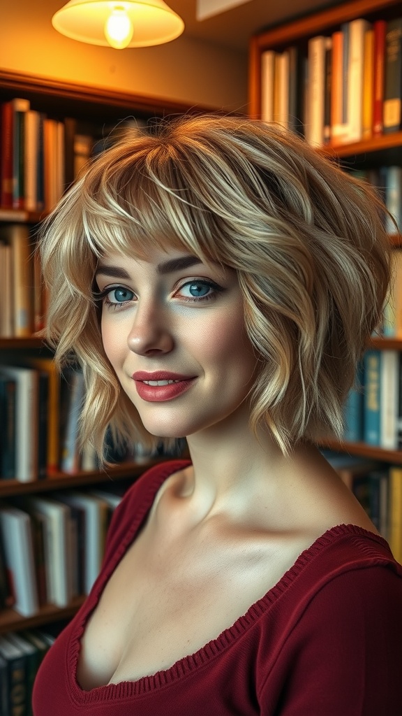 A woman with short shaggy hairstyle and fluffy layers, smiling in front of a bookshelf