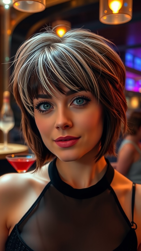 A woman with a short shag haircut and frosted bangs, showcasing a stylish and playful look.