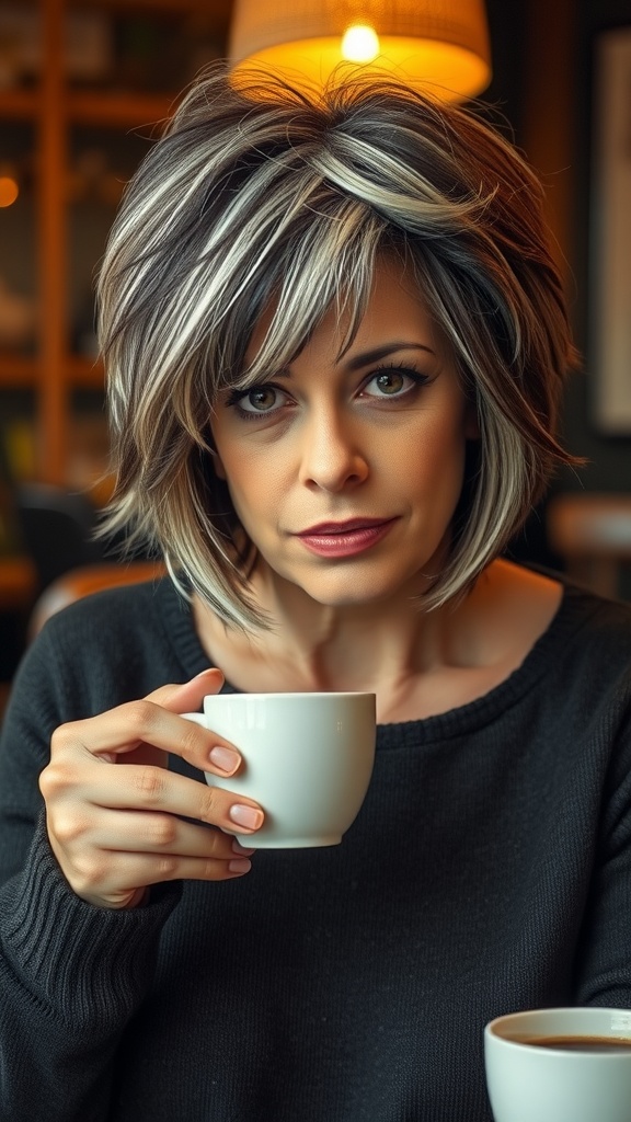 A woman with a short shag hairstyle featuring frosted highlights, holding a cup in a cozy cafe setting.