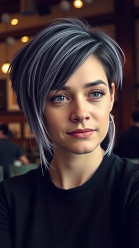 A woman with a short shag hairstyle featuring peekaboo highlights, smiling softly in a casual setting.