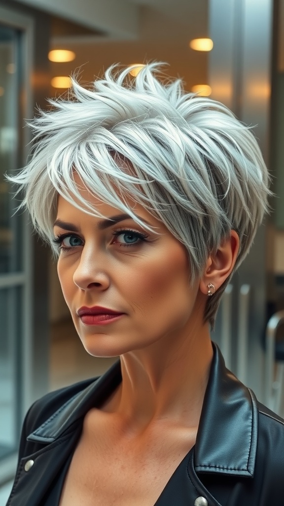 A confident woman with a short shag hairstyle featuring spiky texture, showcasing a modern and stylish look.