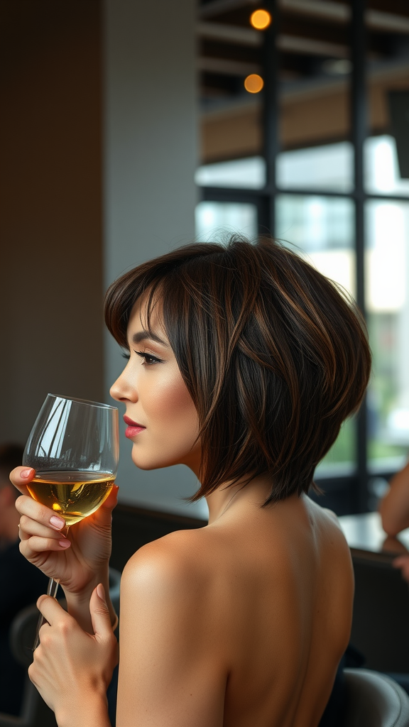 A woman with a short shag hairstyle and tapered back, holding a glass of wine.