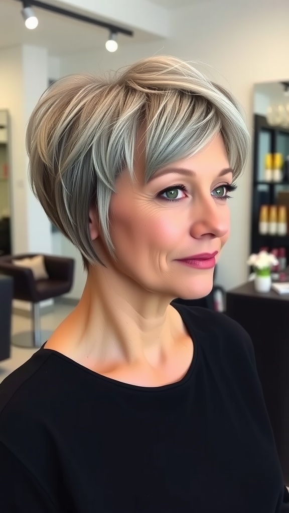 A woman with a short shag haircut featuring tapered sides, displaying a stylish and modern look.
