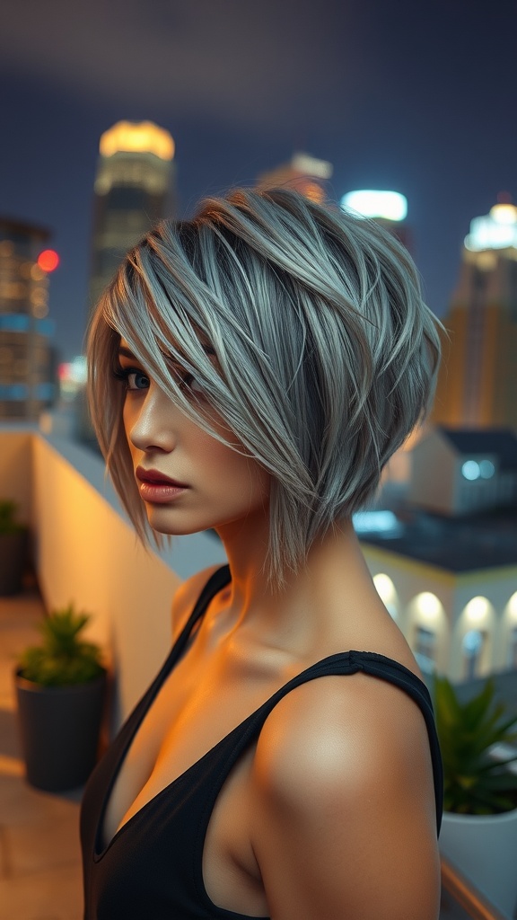 A woman with short shag hairstyle and textured crown, showcasing a modern and chic look.