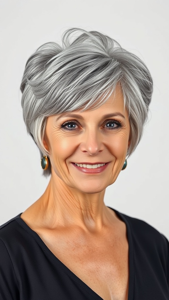 A woman with a stylish short shag haircut, showcasing layers and volume at the crown.