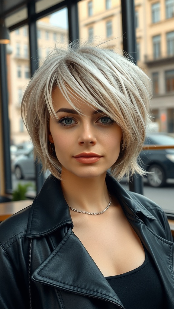 A woman with a stylish short shaggy bob haircut, featuring chunky highlights, in a modern setting.