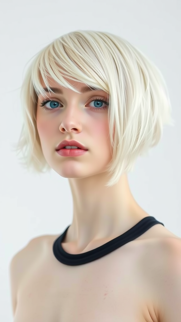 A model with a short shaggy bob haircut and micro fringe, showcasing a stylish and modern look.