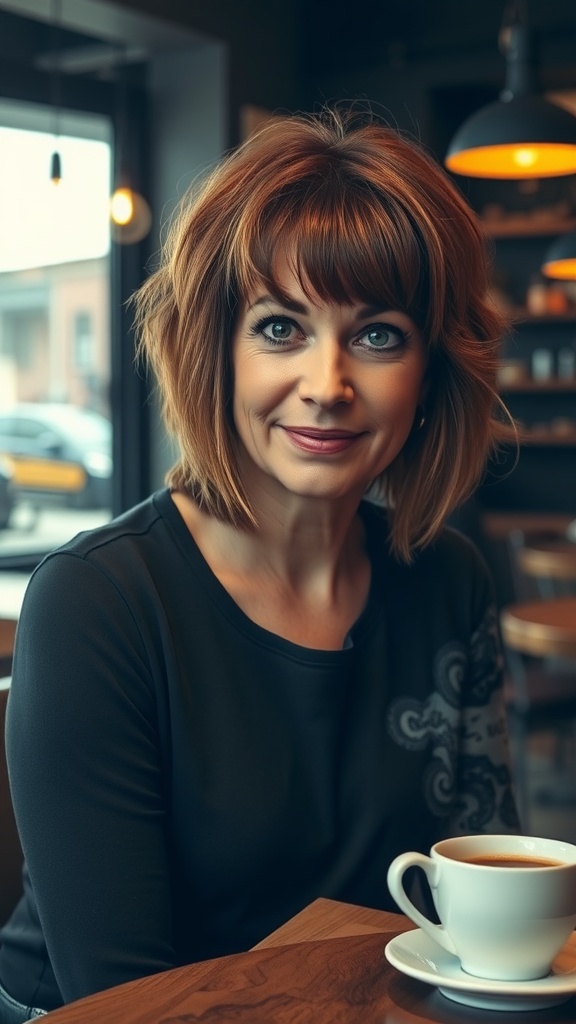 Woman with a short shaggy bob and textured bangs, sitting in a café with a cup of coffee.
