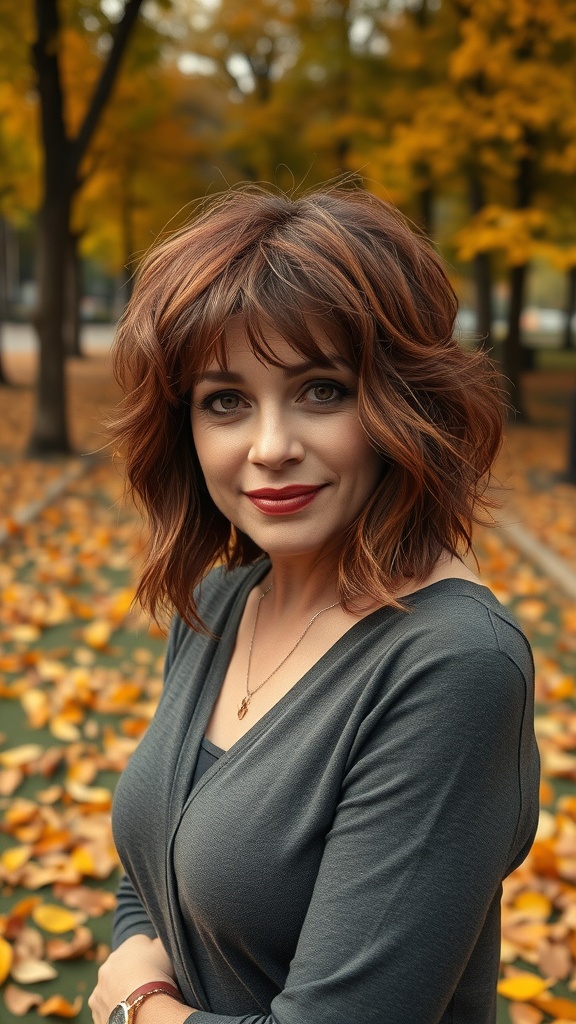 A woman with a short shaggy bob hairstyle featuring tousled layers and an auburn color, surrounded by autumn leaves.