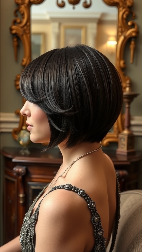 A woman with a short shingle cut hairstyle, wearing a stylish outfit, viewed from the side in an elegant setting.