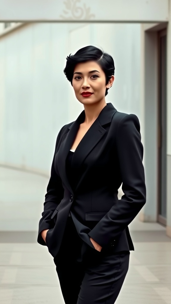 A woman with a sleek pixie haircut wearing a black suit, exuding confidence and style.