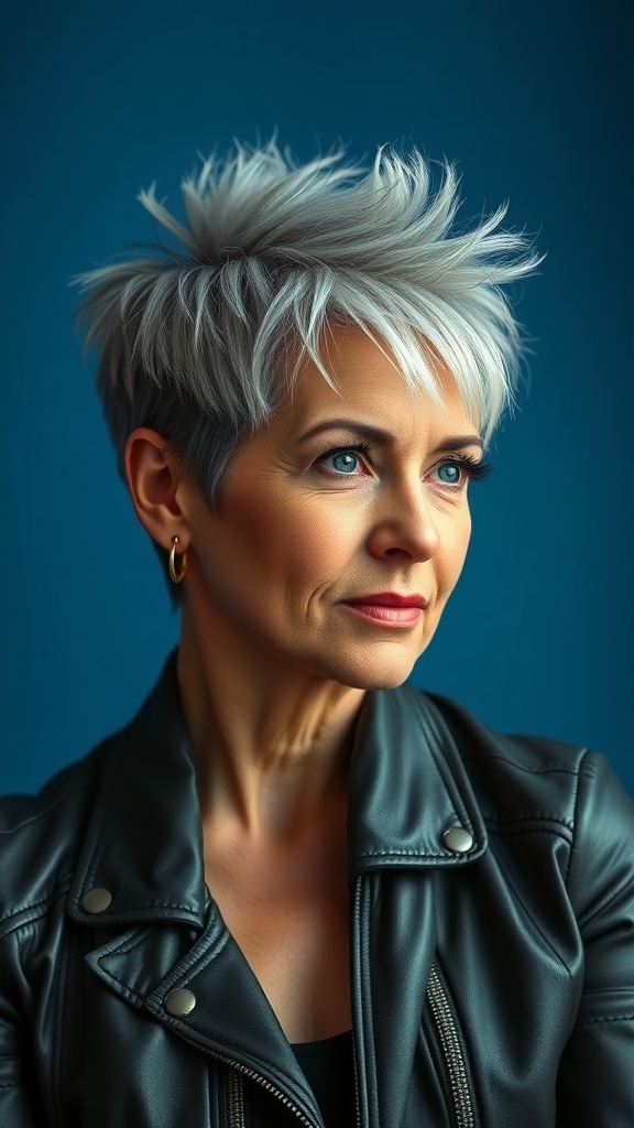 A woman with short spiky silver hair, wearing a leather jacket, looking confidently at the camera against a blue background.