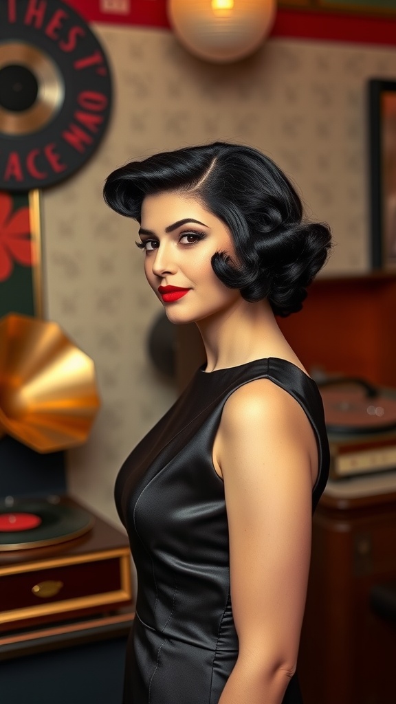 A woman with vintage short hairstyle featuring sweeping side bangs, looking elegant in a black dress.