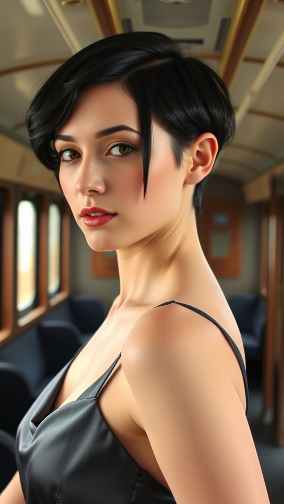 A woman with a short tapered haircut and side part, showcasing elegance and style.