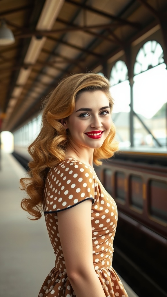 A woman with short waterfall curls smiling at a train station, wearing a polka dot dress.