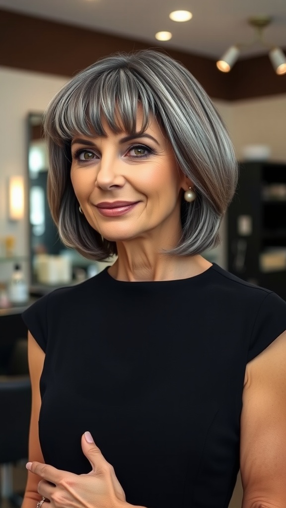 A woman over 60 with shoulder-length blunt cut hair and a glossy finish, wearing a black top and standing in a salon.