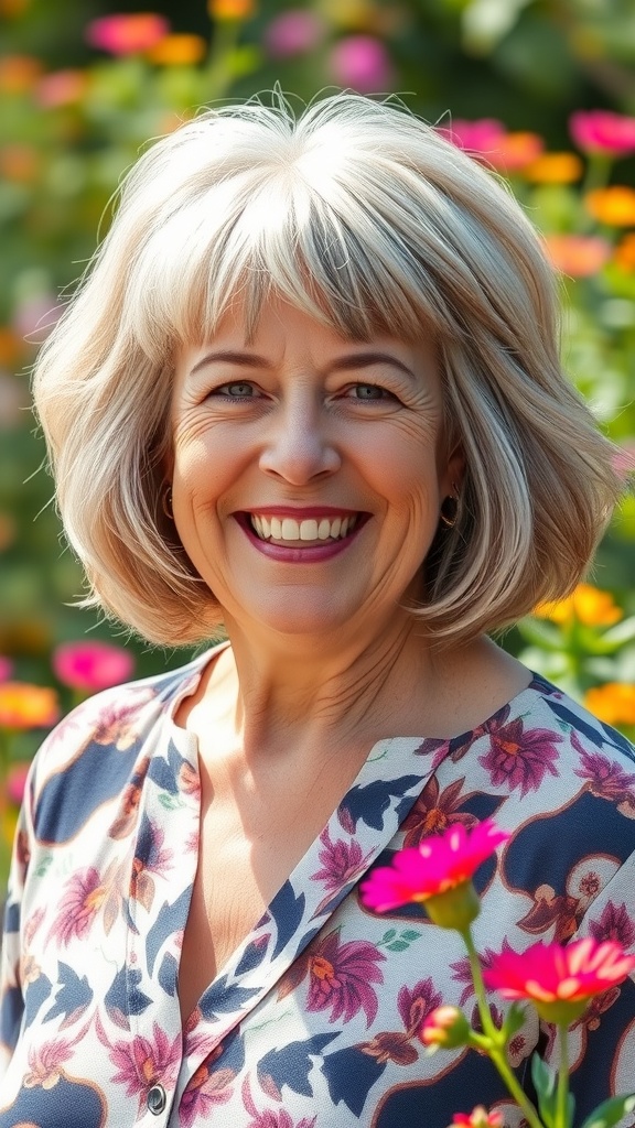 A woman with shoulder-length hair styled in flicked-out layers, smiling in a flower garden.