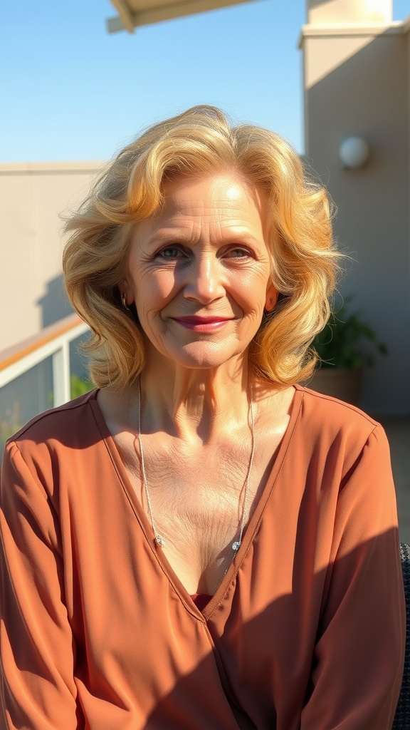 A woman with shoulder-length hair styled in light curls, wearing a brown blouse and smiling.
