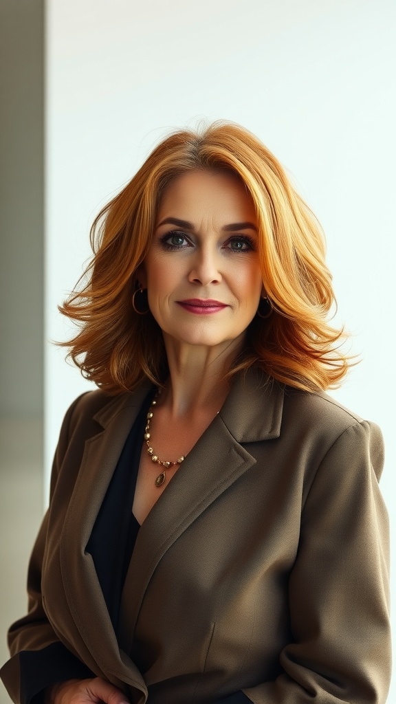 A woman with shoulder-length hair styled in loose layers, wearing a brown blazer and a pearl necklace, with a warm smile and a soft background.
