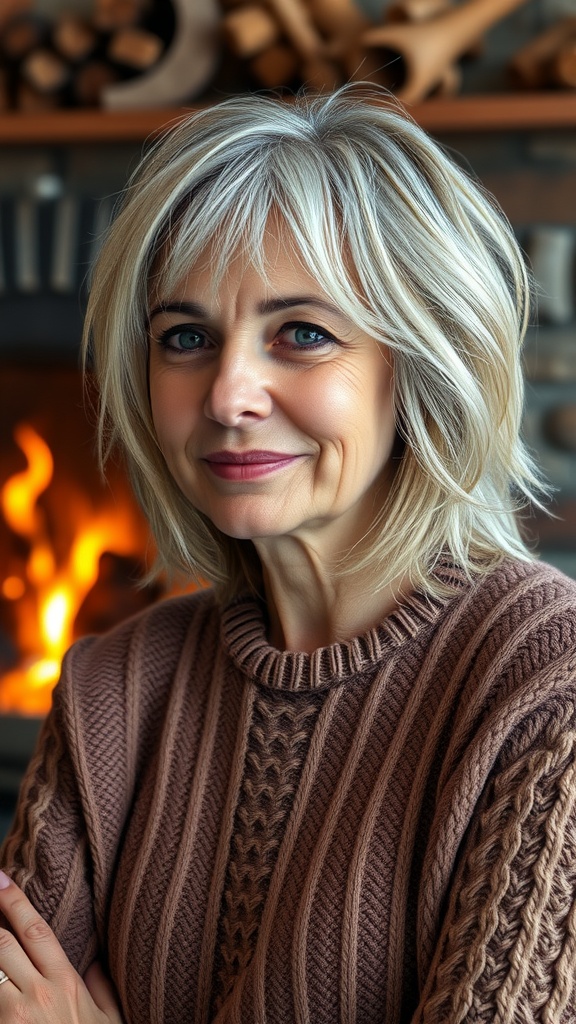 A woman with shoulder-length tousled hair, smiling warmly in a cozy sweater.