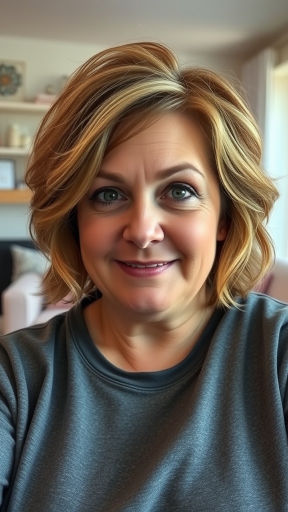 Woman with shoulder-length shag haircut, smiling
