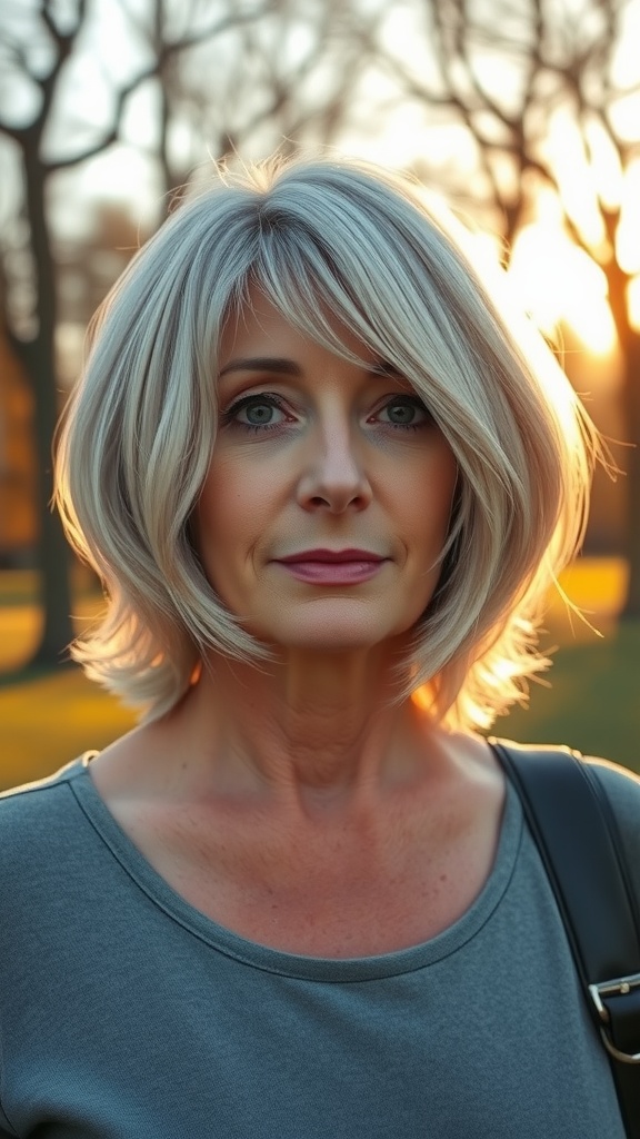 Woman with shoulder-length shag hairstyle and balayage highlights