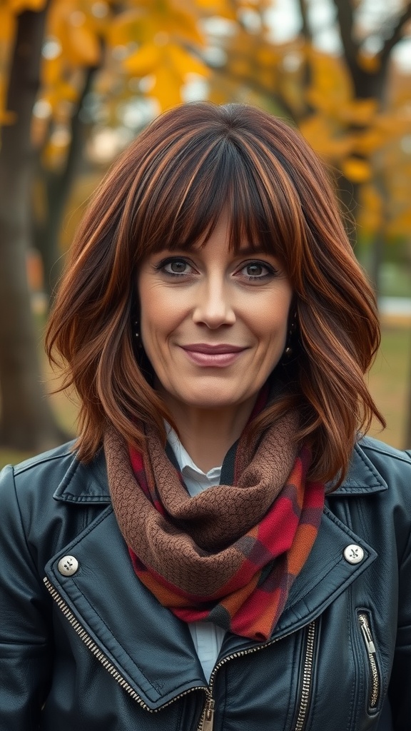 A woman with shoulder-length shag hairstyle and curtain bangs, wearing a leather jacket and a plaid scarf, set against an autumn backdrop.