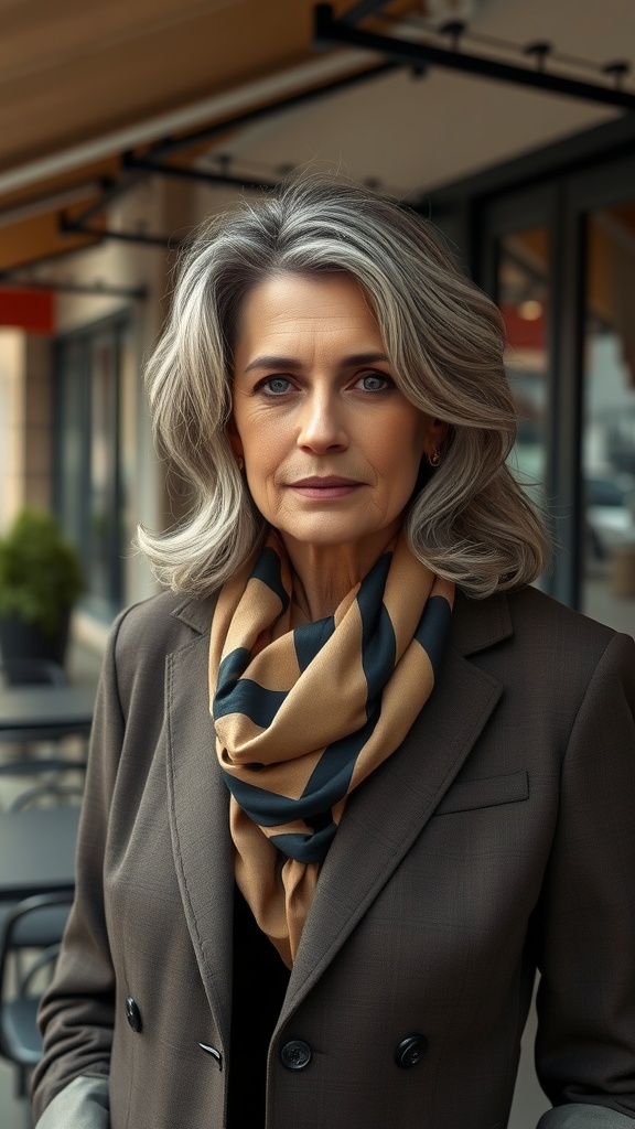 A woman with shoulder-length wavy hair with silver highlights, wearing a scarf and a blazer, looking confidently at the camera.