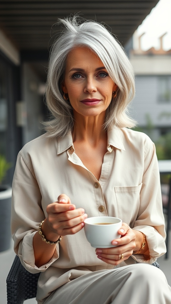 A woman with medium length, side-parted bob hairstyle with textured ends, enjoying a cup of coffee.