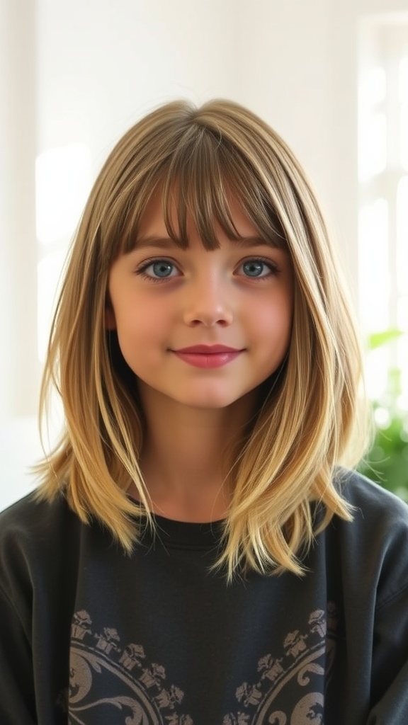 A girl with side-parted hair and layered bangs, smiling softly.