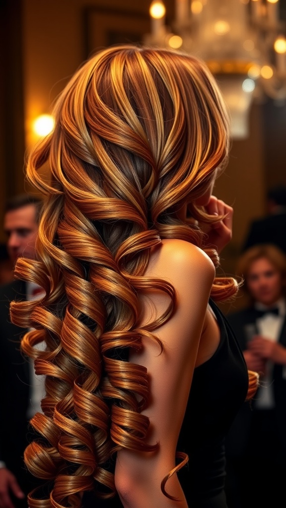 Woman with long, side-parted curls in warm hues