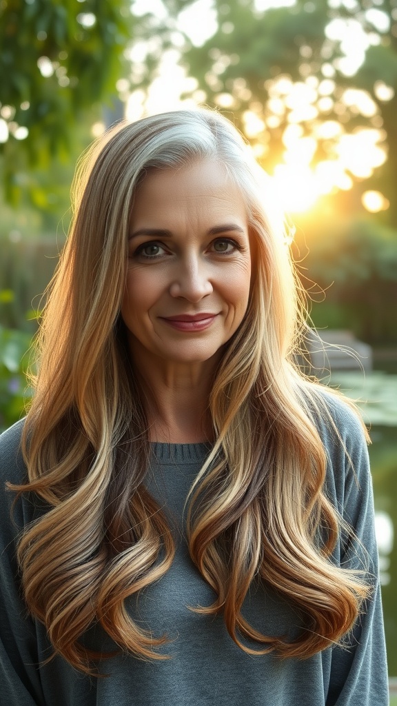 A woman with long, side-parted hair and a light fringe, smiling warmly in a natural setting
