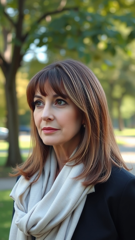 A woman with side-swept bangs standing outdoors, looking elegant and confident.